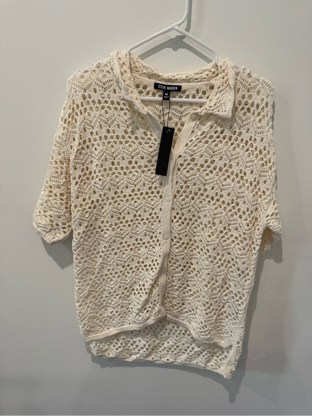 Steve Madden Ivory Crochet Button-Down Short Sleeve Top